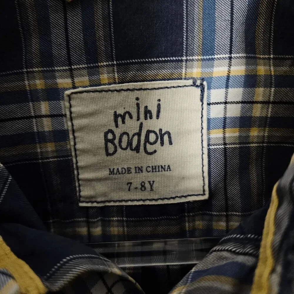Mini Boden Plaid Long Sleeve Collared Button Down Shirt Boys Blue Yellow, and Wh